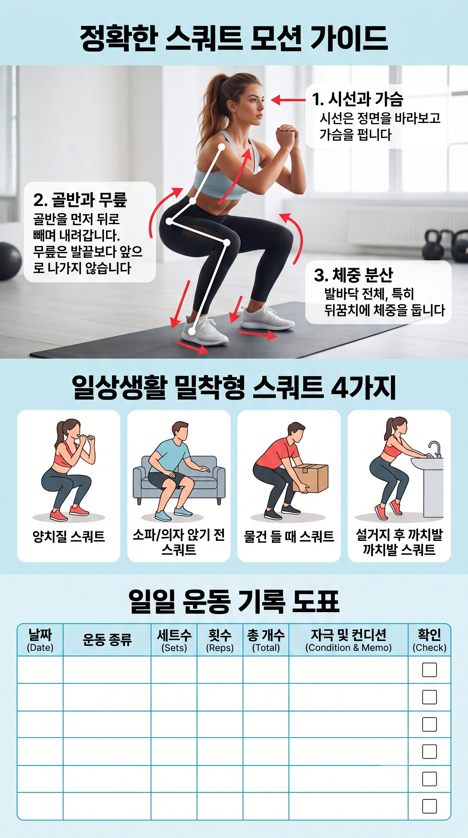 일상생활 밀착형 스쿼트 동작 4가지 및 일일 운동 기록 도표
