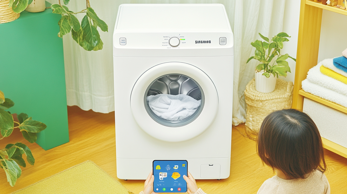 현대적인 가정에서 스마트폰 앱으로 삼성 세탁기를 스마트하게 제어하고 있는 가족, 사용 편리성과 편안함을 보여줌.