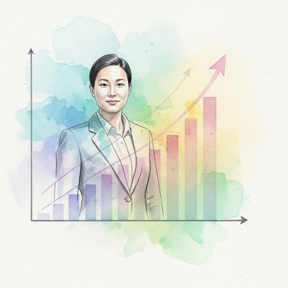 성장하는 그래프 앞에서 자신감 있는 모습
