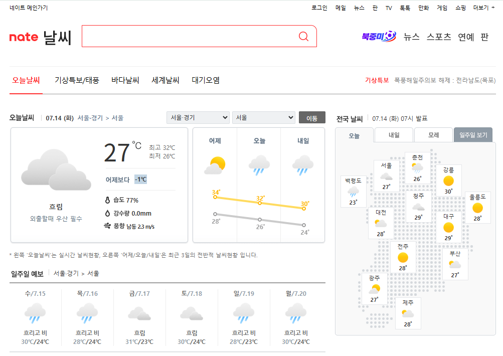 네이트날씨 바로가기 (https://news.nate.com/weather)