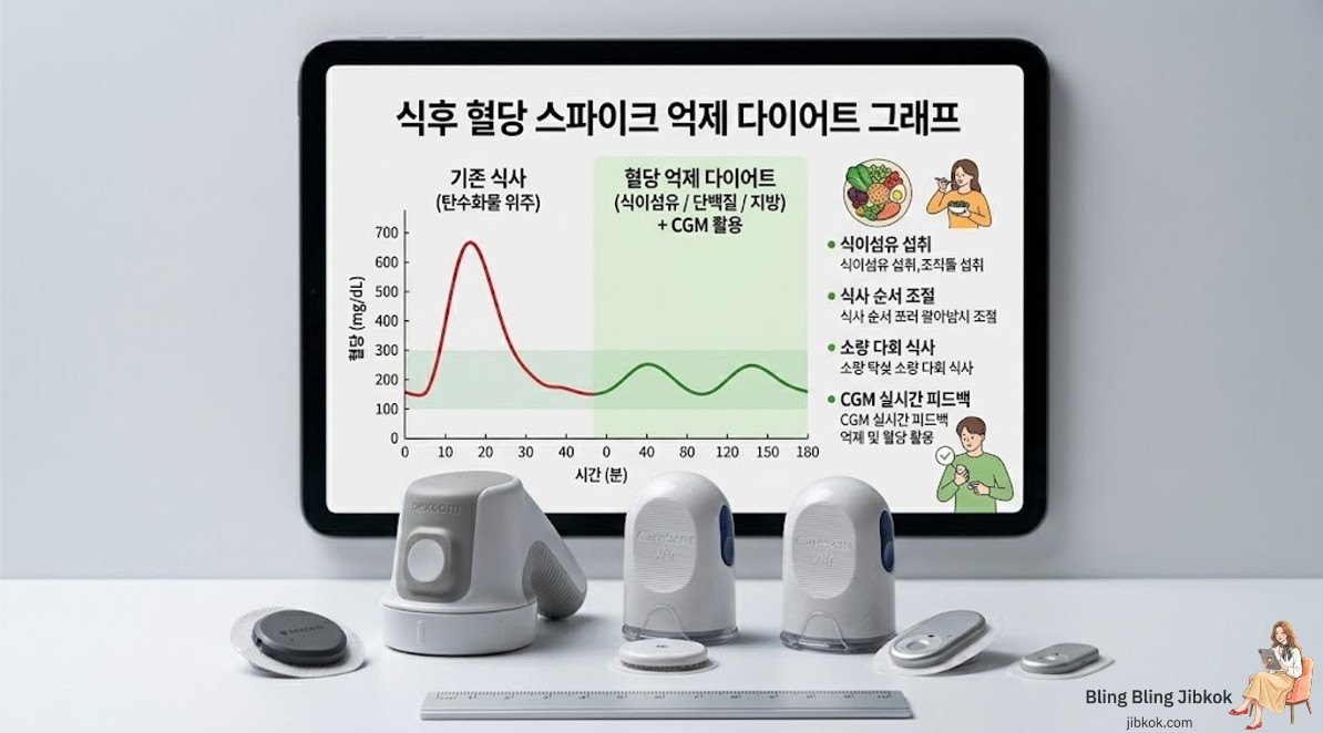 식후 혈당 스파이크 곡선을 억제하는 다이어트 그래프 화면 (Diet graph screen showing suppression of blood sugar spike)