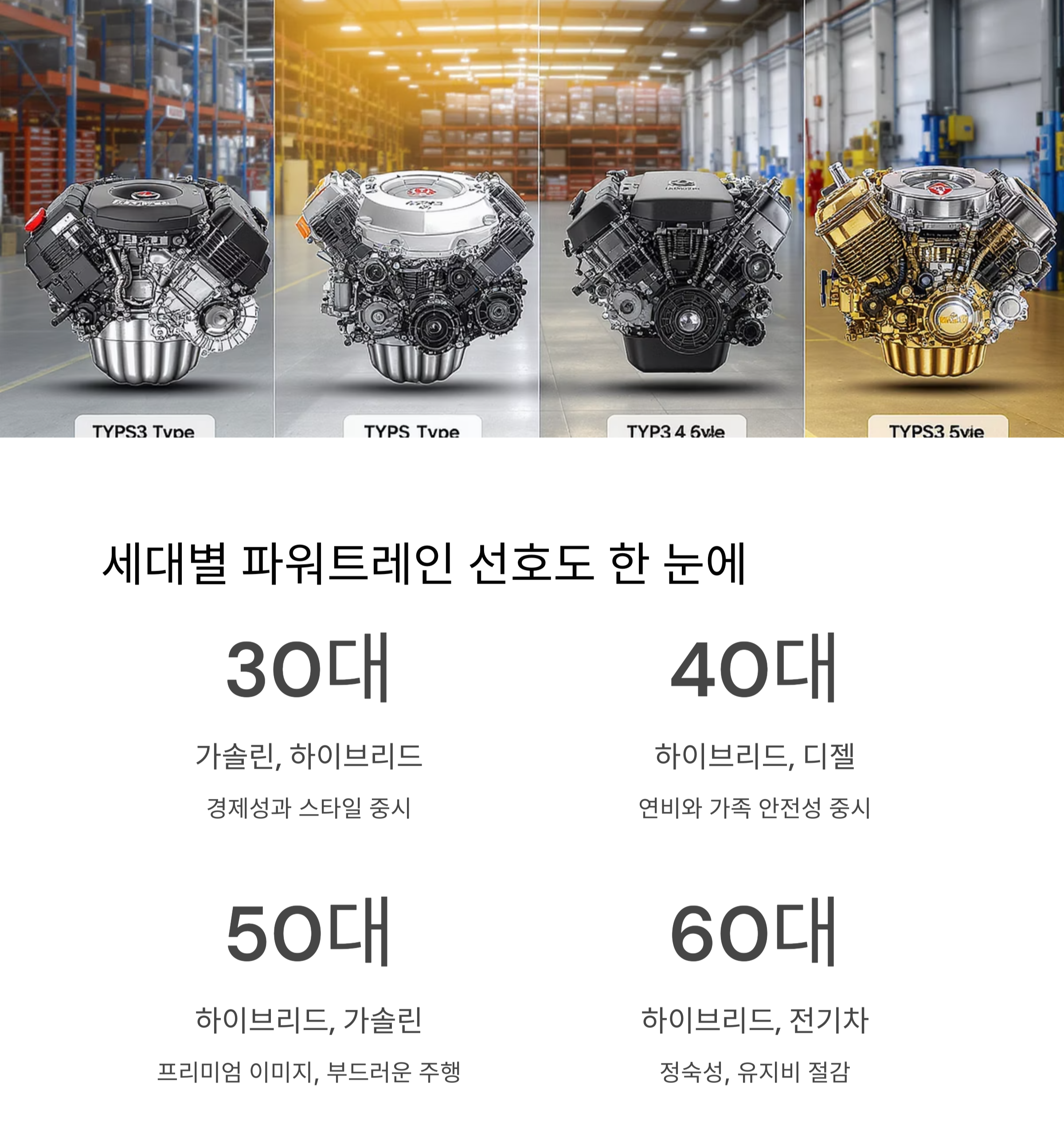 우리나라 세대별(30대~60대) 자동차 스타일과 파워트레인 선호 분석