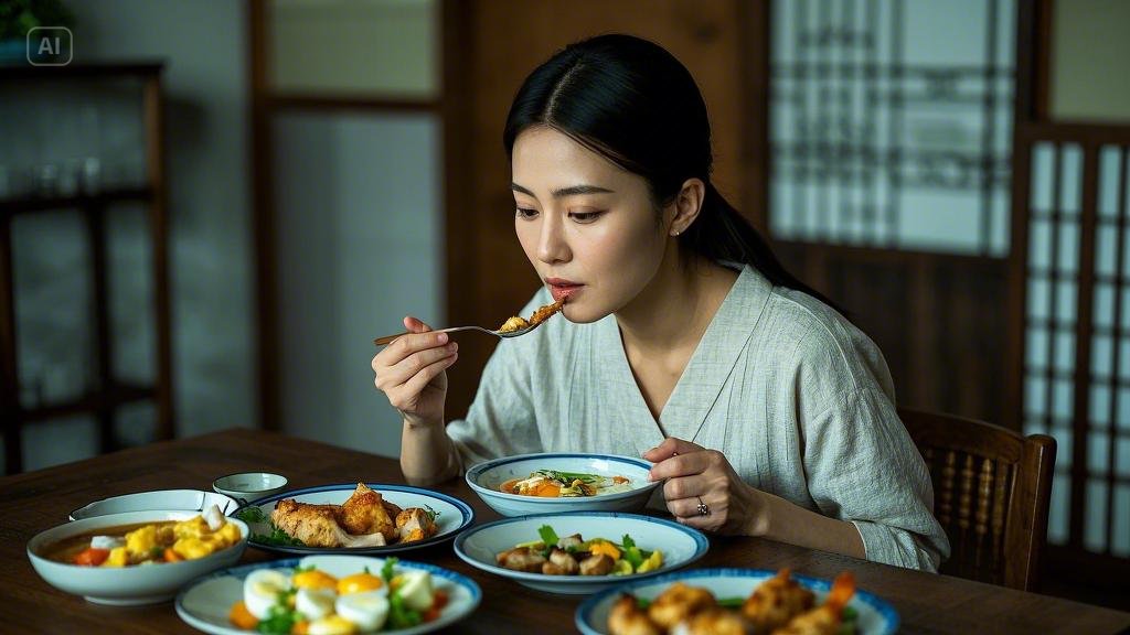 A woman is eating.