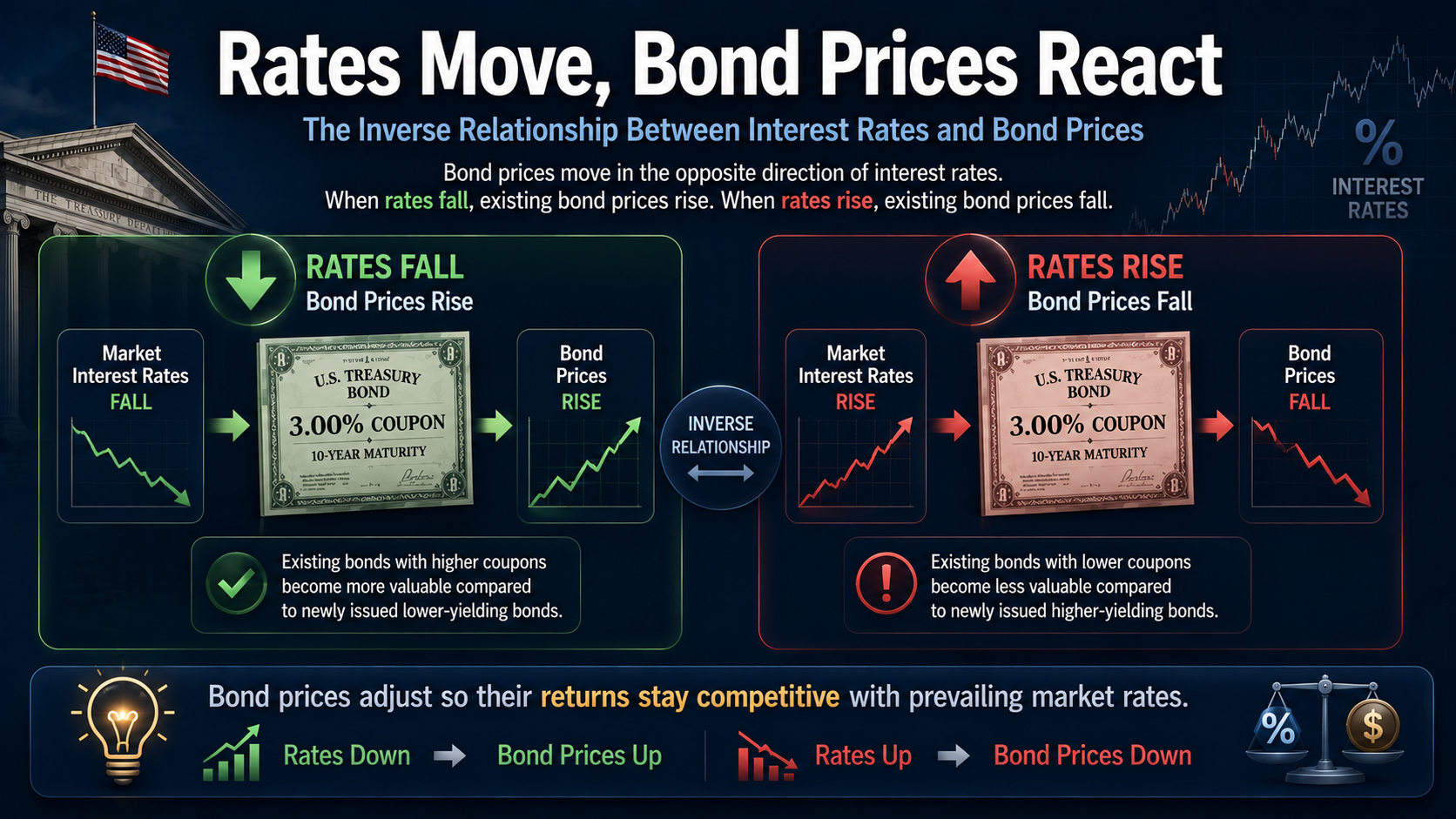 Inverse relationship between interest rates and bond prices showing rates down bond prices up and rates up bond prices down