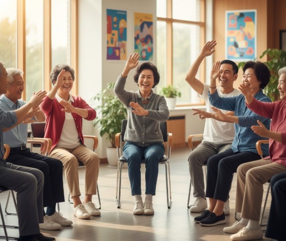 노인들이 치매 예방을 위해 손과 발을 동시에 쓰는 운동을 하는 모습