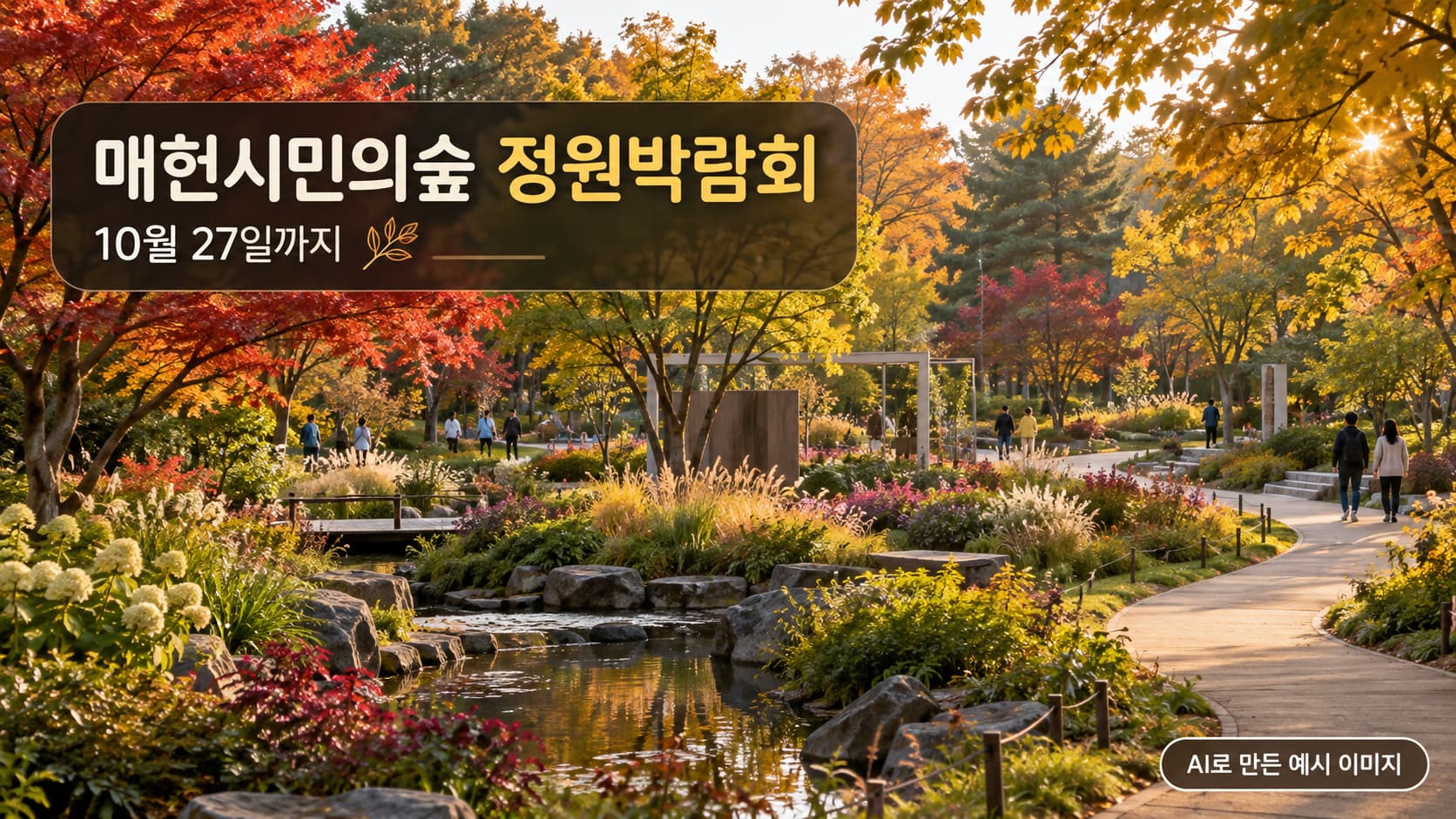가을 숲속 길 옆으로 이어진 정원들
