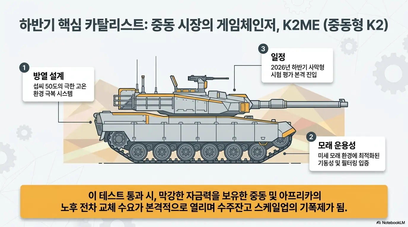 현대로템 주가 전망: 하반기 핵심 카탈리스트인 현대로템 중동형 K2 전차(K2ME)를 설명하는 이미지. 섭씨 50도 고온 극복 방열 설계&amp;#44; 미세 모래 환경 운용성&amp;#44; 2026년 하반기 사막형 시험 평가 일정을 표시함. 테스트 통과 시 중동&middot;아프리카 노후 전차 교체 수요로 수주잔고 확대가 기대되는 K2 수출 모멘텀. 