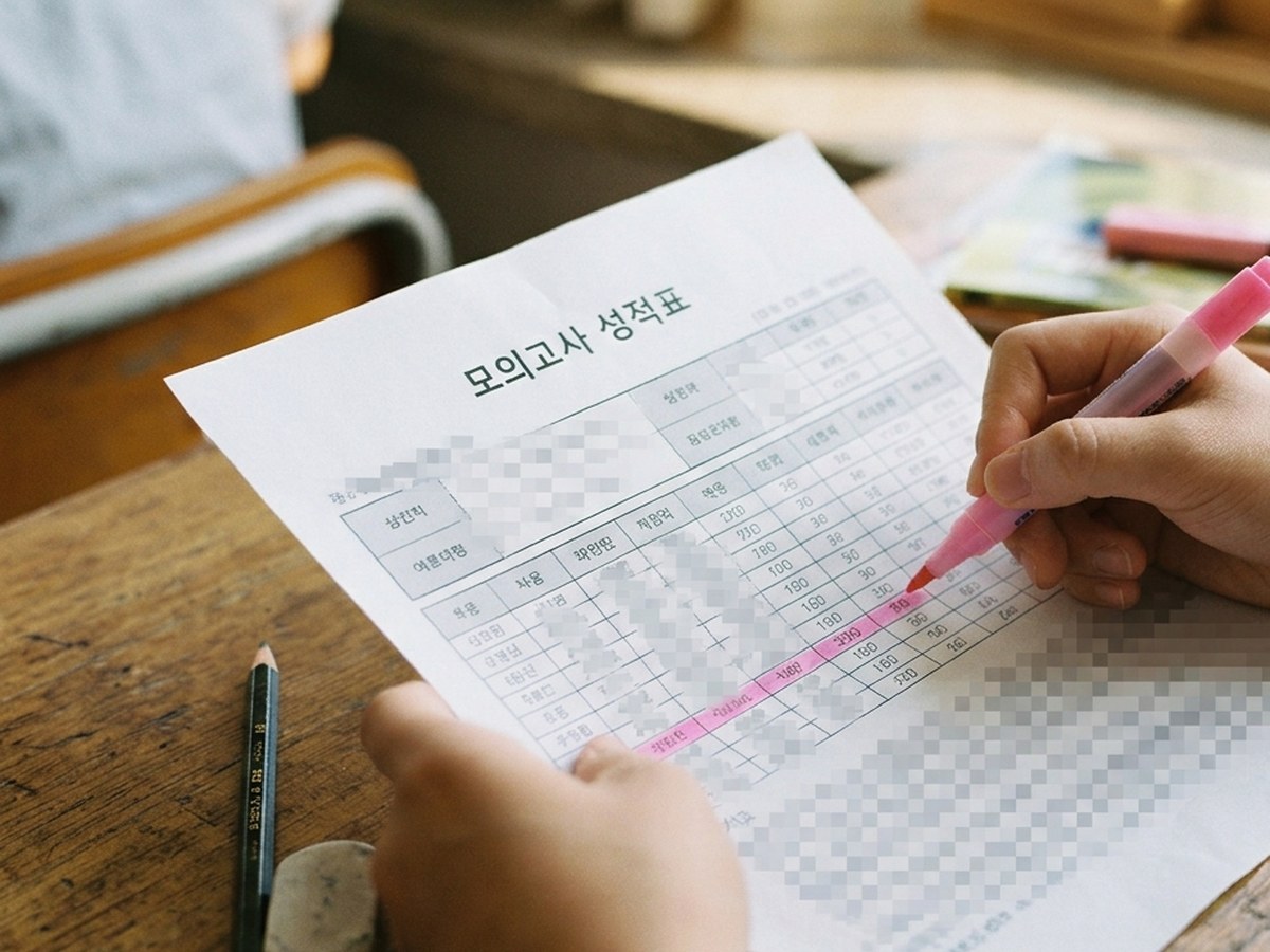 모의고사 성적표의 한 줄에 형광펜으로 줄을 긋는 수험생의 손