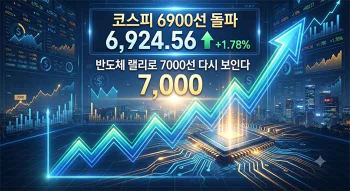 코스피 6900선 돌파와 반도체 랠리를 나타내는 주식 상승 그래프 이미지.