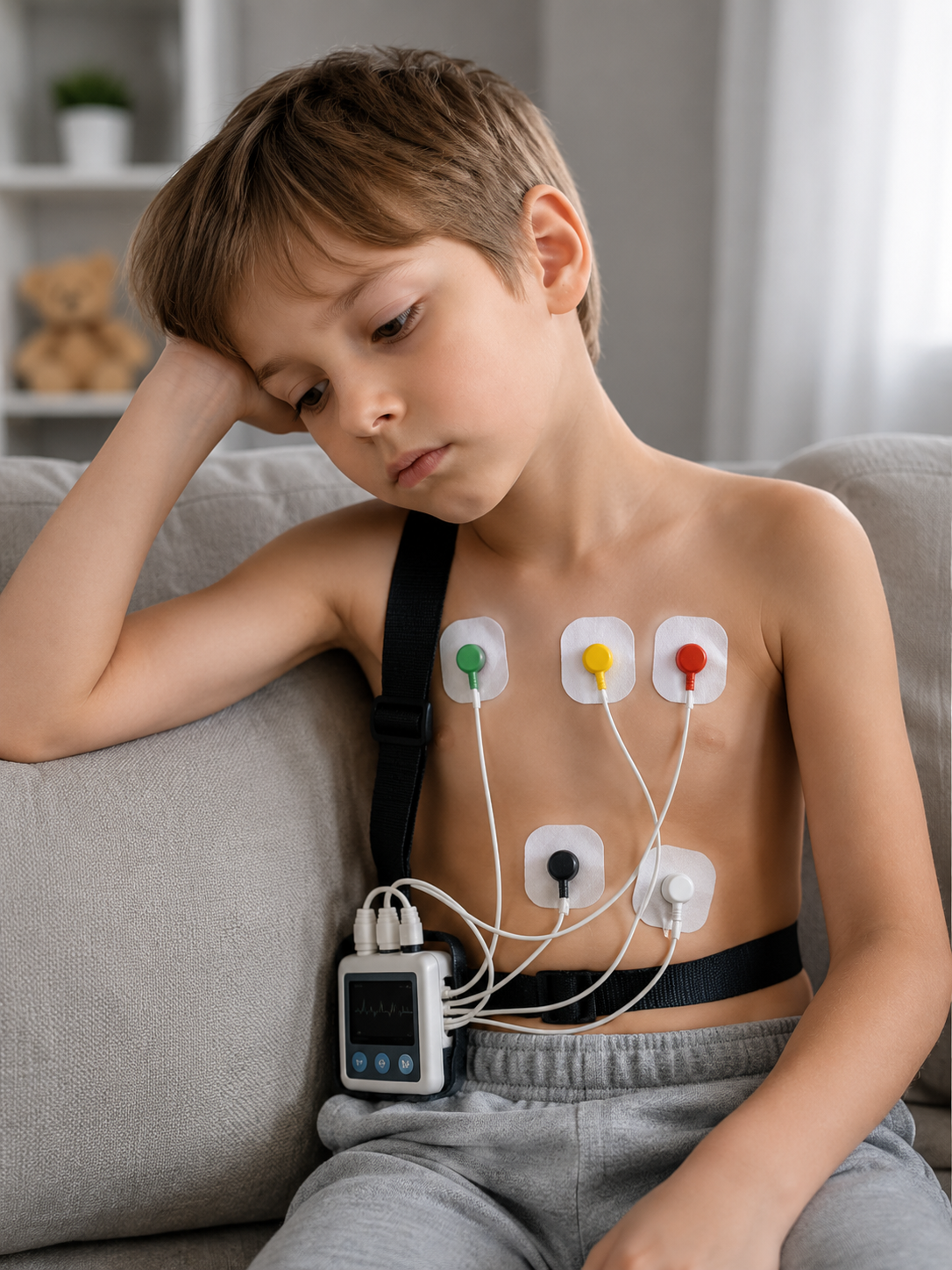 심장 건강을 확인하기 위해 ECG 홀터 모니터를 사용하는 슬픈 아이 모습