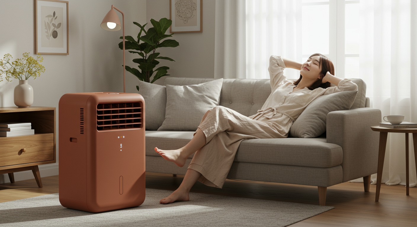 테라코타 색상의 이동식 에어컨이 놓인 현대적인 거실에서 편안하게 휴식을 취하는 사람의 모습.