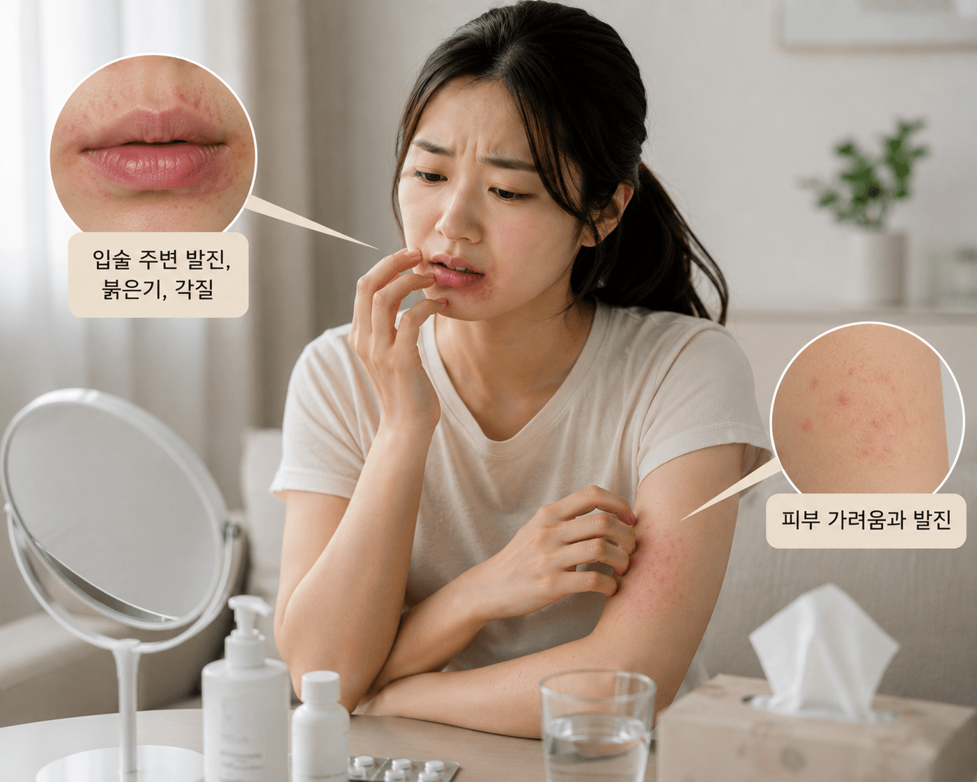 입술 주변 발진과 피부 가려움으로 힘들어하는 모습