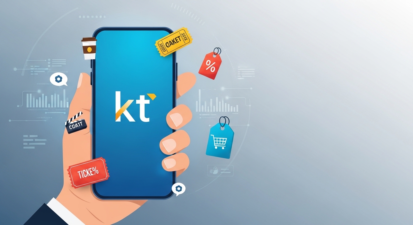 KT 로고가 있는 스마트폰을 들고 있는 손, 영화 티켓, 커피, 쇼핑 카트 등 다양한 혜택 아이콘이 주변에 떠다니는 모습