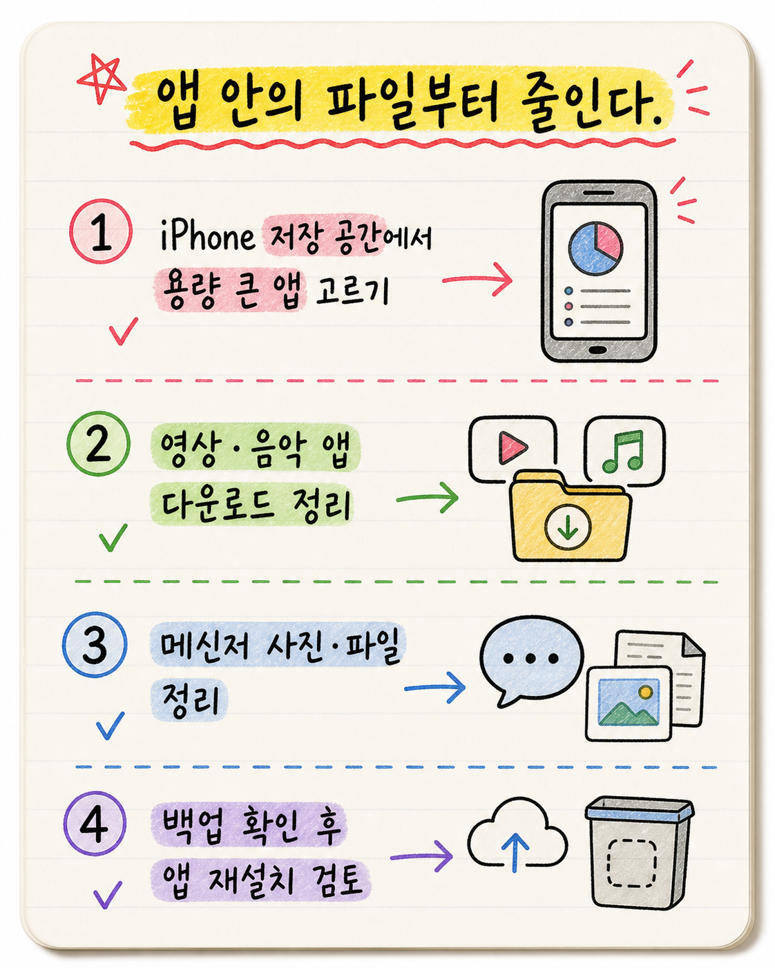 아이폰 저장공간에서 큰 앱의 다운로드와 메신저 파일을 정리하는 손글씨 카드