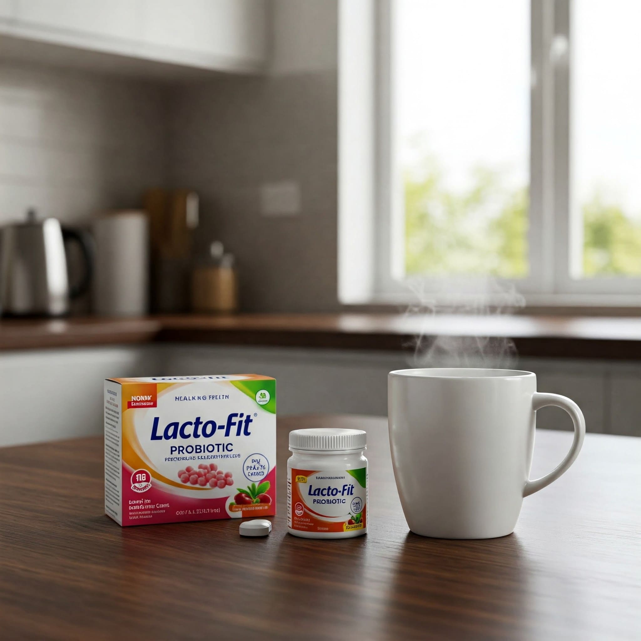 주방 테이블 위에 락토핏 프로바이오틱스 제품이 놓여 있고 옆에 따뜻한 물 한 컵