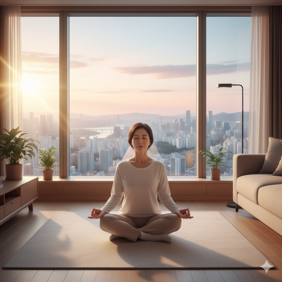 평온한 새벽 햇살 아래 명상을 통해 호흡과 에너지를 정화하는 사람의 모습(이미지 생성:google)
