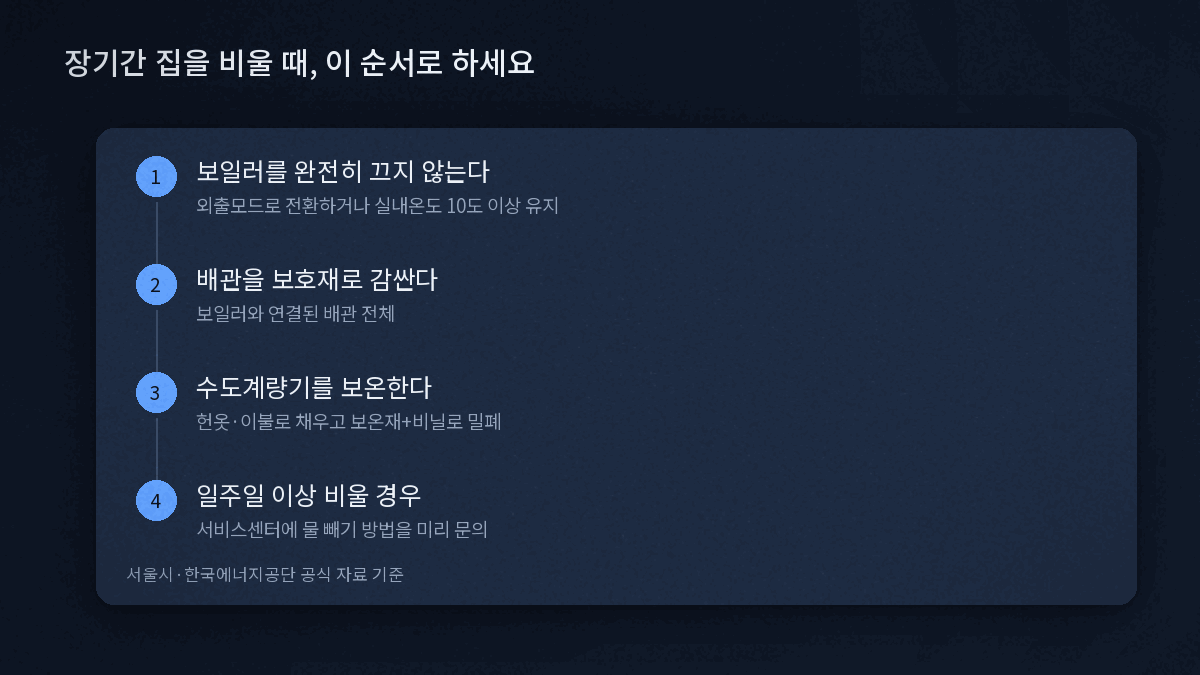 장기외출 시 보일러 외출모드 설정과 배관 보온 순서도