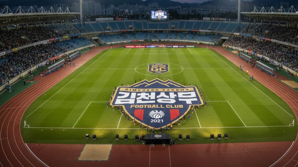 이 이미지는 김천상무의 엠블럼이 김천종합운동에 놓여진 사진이다.