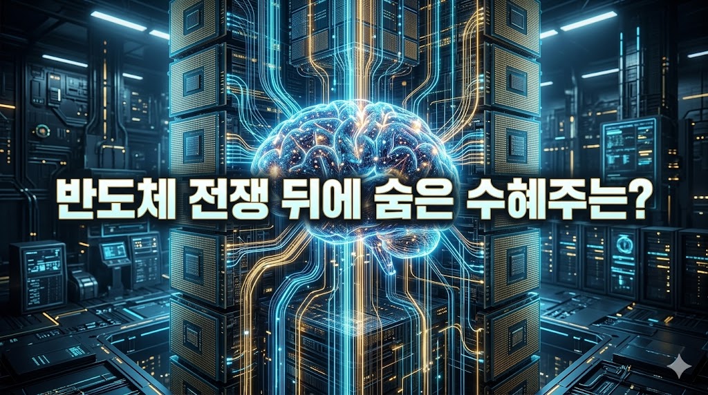 "반도체 전쟁 뒤에 숨은 진짜 수혜주는?"이라는 문구가 중앙에 적혀 있는 블로그 썸네일 이미지입니다. 푸른빛과 황금빛이 감도는 미래지향적인 배경 속에서, 빛나는 인공지능(AI) 뇌가 수직으로 층층이 쌓인 고대역폭 메모리(HBM) 칩과 초고속 데이터 통로로 연결된 모습을 묘사하여 반도체 주도권 경쟁과 투자 수혜주를 다룬 칼럼의 핵심을 시각적으로 보여줍니다.