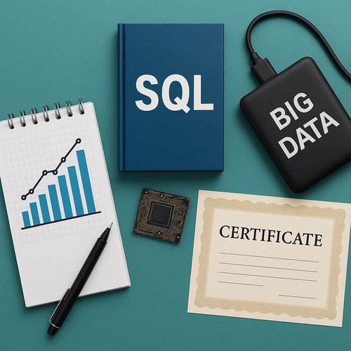 빅데이터 자격증을 상징하는 데이터 분석 요소와 기술 아이콘을 조합한 현대적인 썸네일 이미지