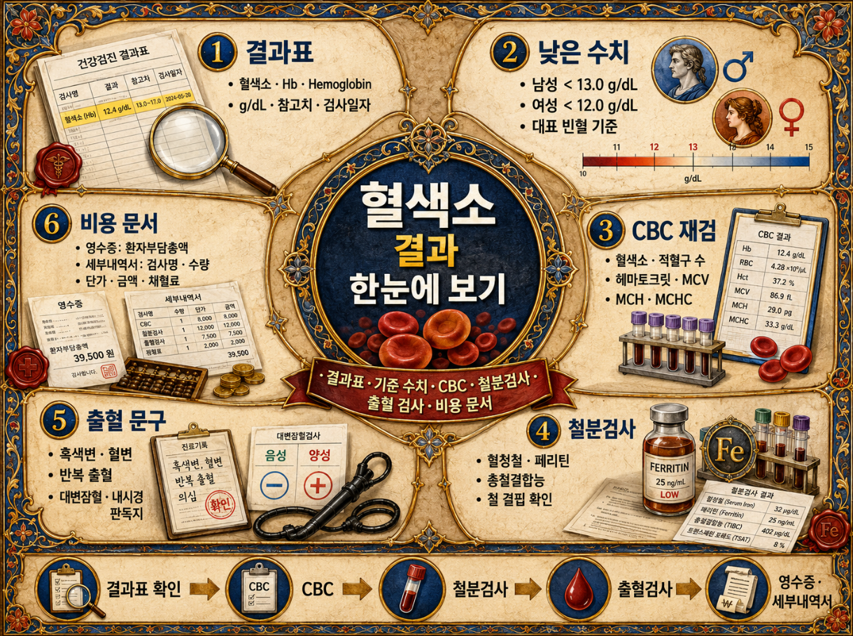 혈색소 결과표 낮은 수치 CBC 재검 철분검사 출혈검사 비용 문서를 한눈에 정리한 인포그래픽