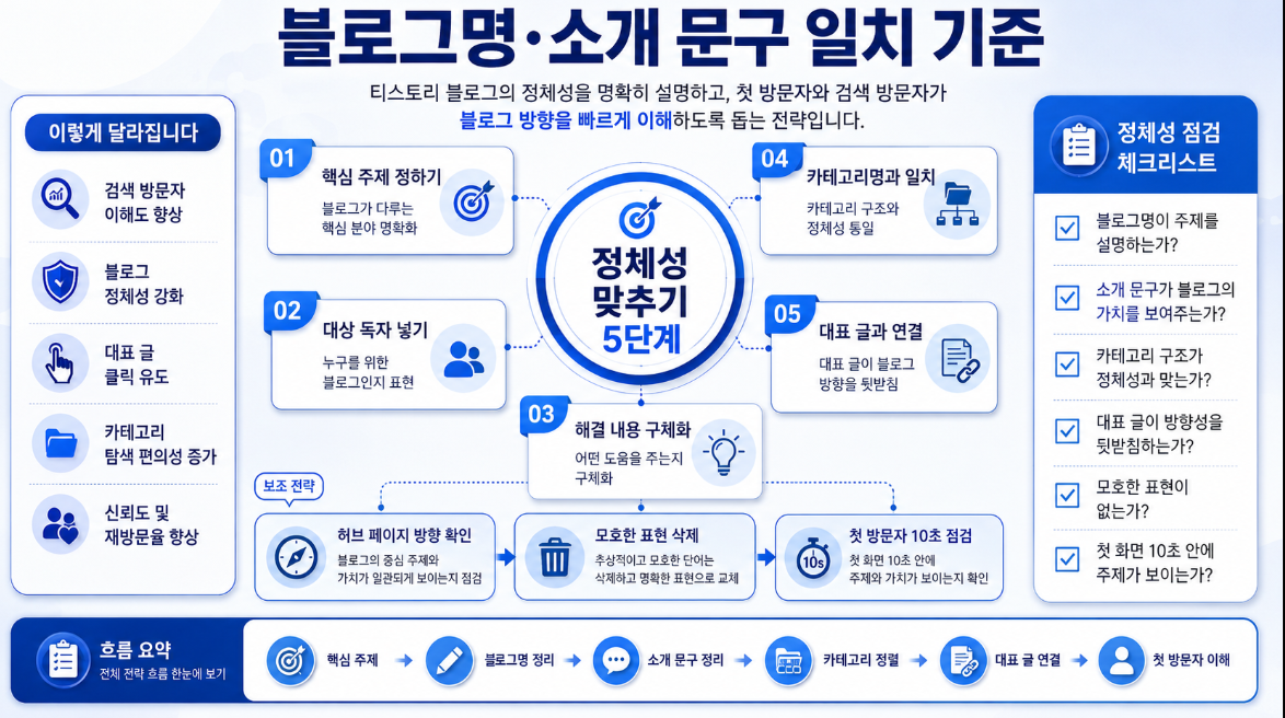 티스토리 블로그명과 소개 문구를 핵심 주제 대상 독자 해결 내용 카테고리 대표 글 허브 페이지 기준으로 맞추는 5단계 인포그래픽