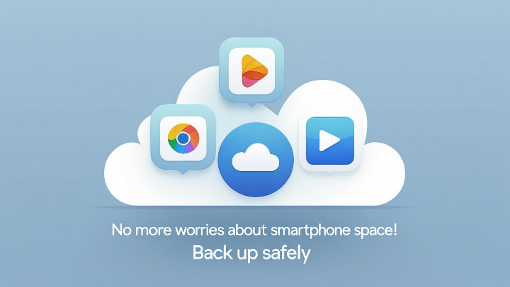 구글 포토와 아이클라우드 로고, 클라우드에 사진과 영상이 안전하게 백업되는 모습을 표현한 이미지