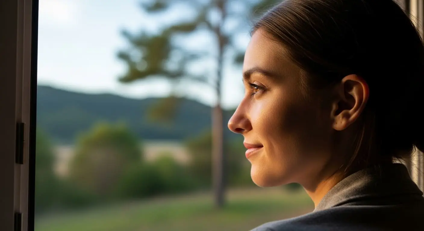 창밖의 먼 풍경을 응시하며 눈 근육을 이완시키는 원근 조절 운동을 하는 모습입니다.