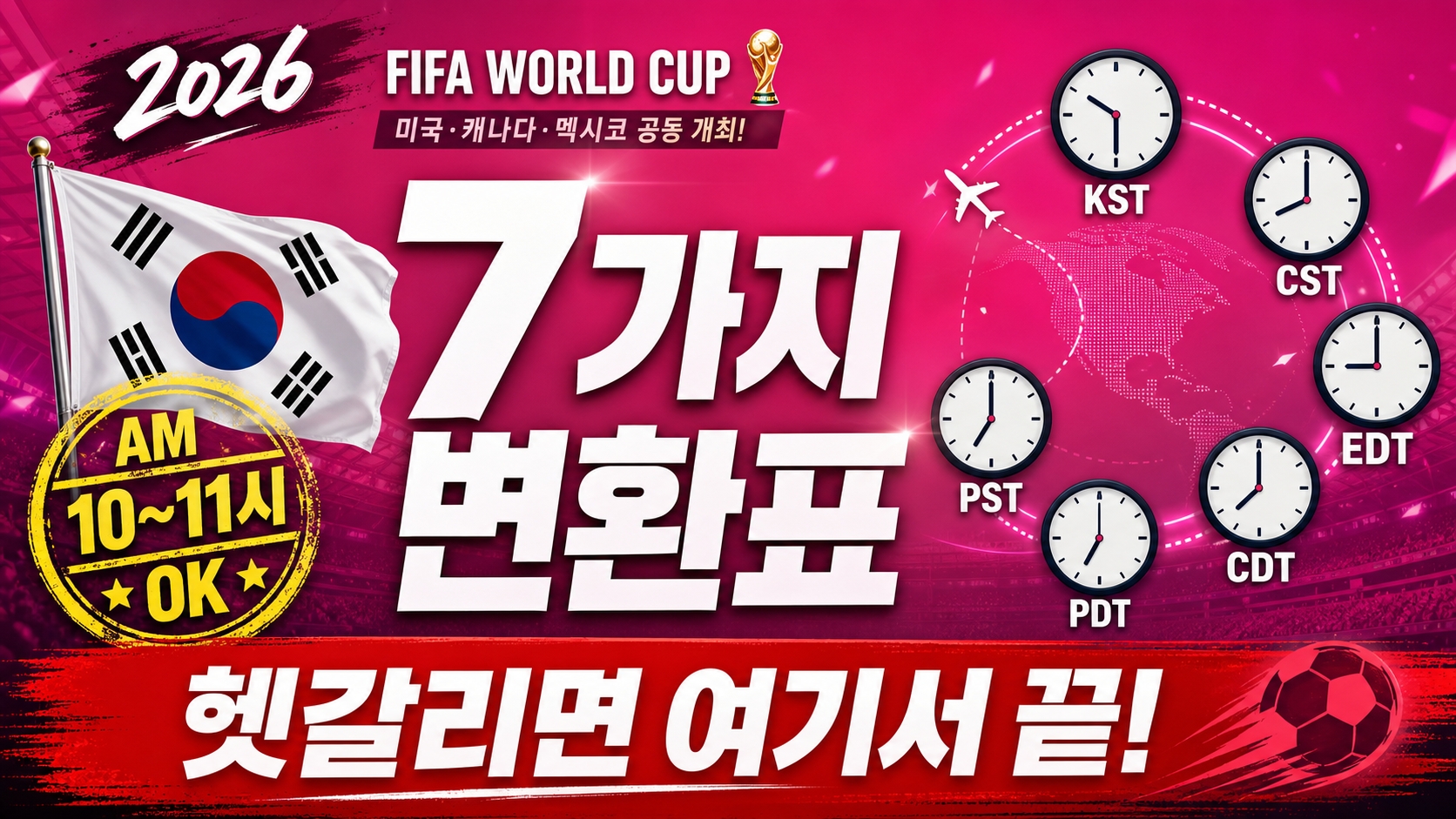 2026 월드컵 한국 미국 멕시코 시차 변환표 7가지 한번에 정리 - 킥오프 한국시간 썸네일