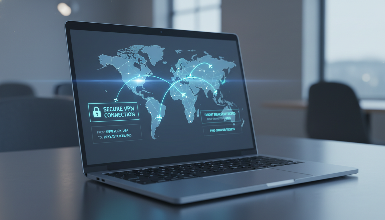 VPN 접속을 활용하여 해외 현지 서버로 저렴한 비행기표를 검색하는 노트북 화면