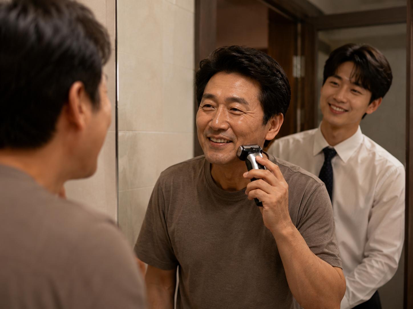 욕실 거울 앞에서 아버지가 전기면도기로 면도를 하고 뒤에서 아들이 흐뭇하게 바라보는 모습