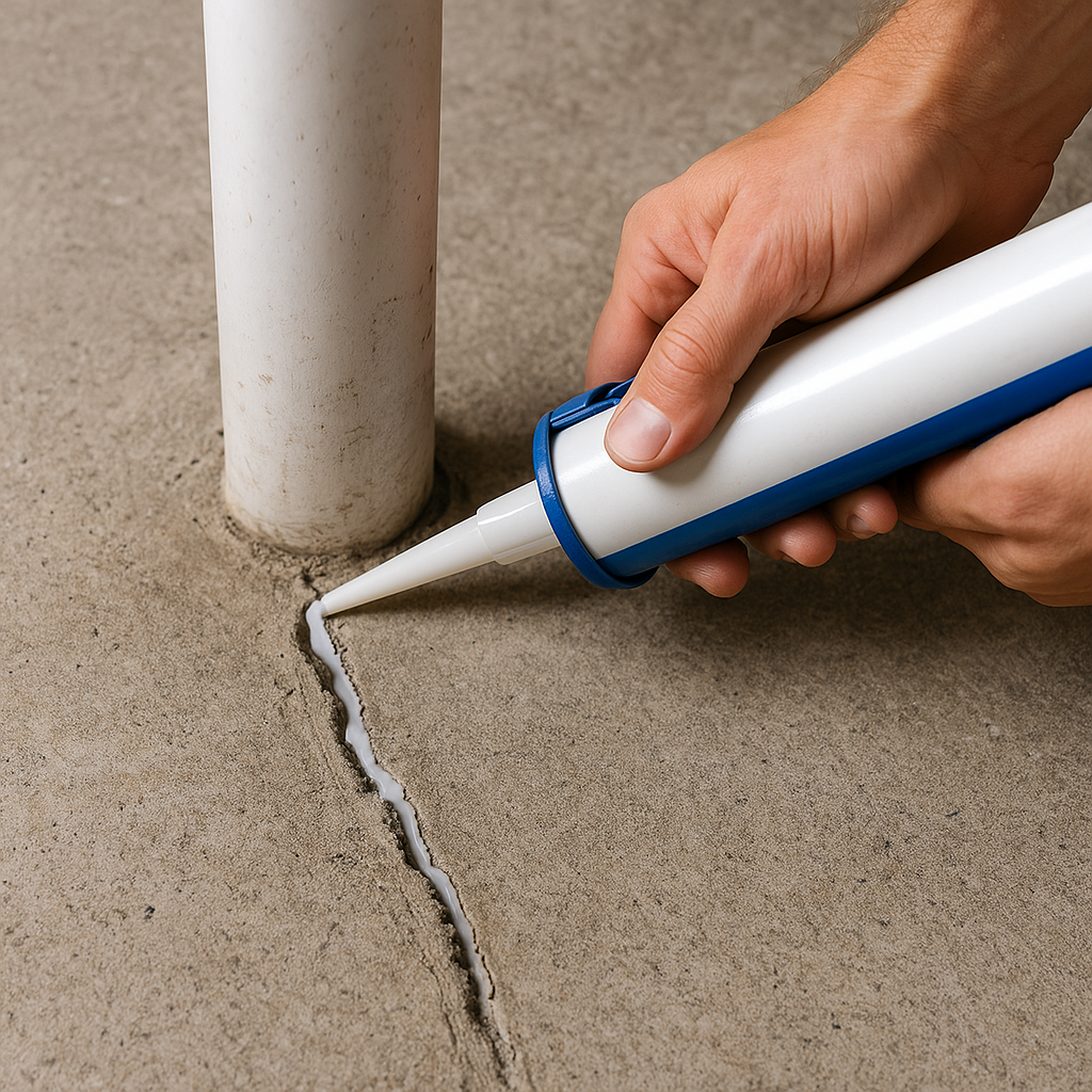 콘크리트 바닥의 균열과 배관 주변 틈새를 실런트로 메우는 손의 근접 사진