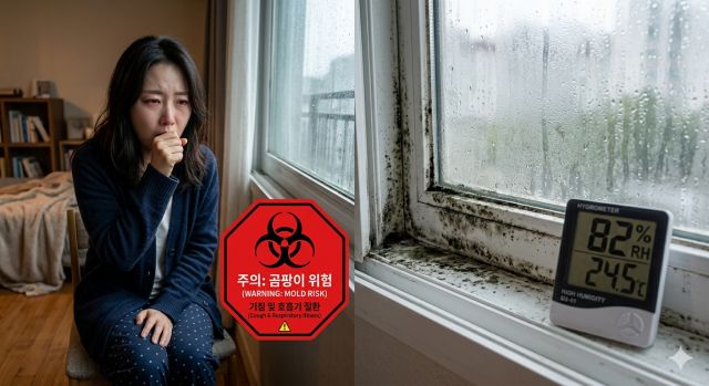 장마철 실내 곰팡이로 인해 기침과 알레르기 증상을 겪는 사람의 모습