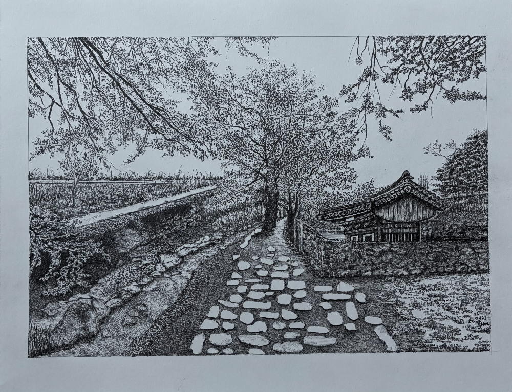 완성된 펜 드로잉 &ndash; 용원정 풍경