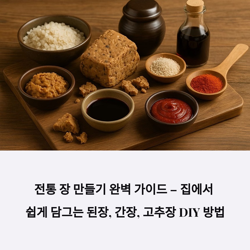전통 장 만들기 재료인 천일염, 메주,고춧가루와 된장, 간장, 고추장이 담긴 한 상차림