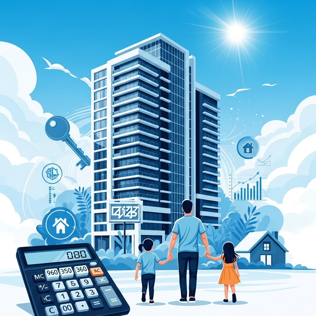 청약 가점 계산기와 아파트 이미지를 배경으로, 행복해 보이는 가족이 손을 잡고 서 있는 모습. 성공적인 내 집 마련의 꿈을 상징합니다.