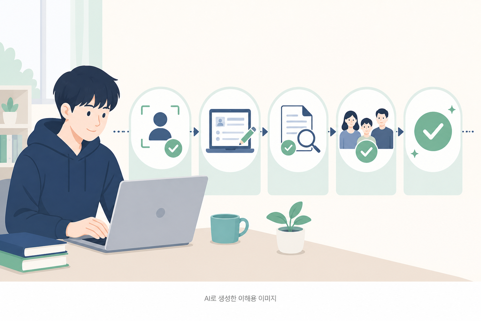 본인인증부터 신청완료 확인까지 온라인 장학금 신청 흐름을 보여주는 그림