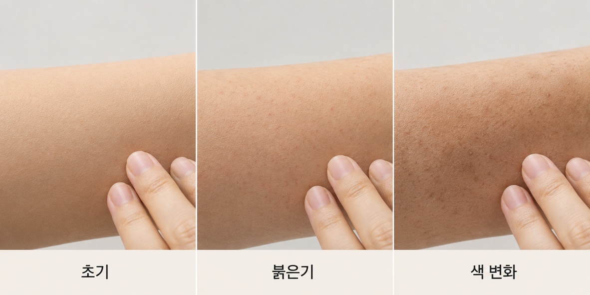모공각화증 초기 붉은기 색 변화를 나란히 비교한 팔뚝 피부 이미지