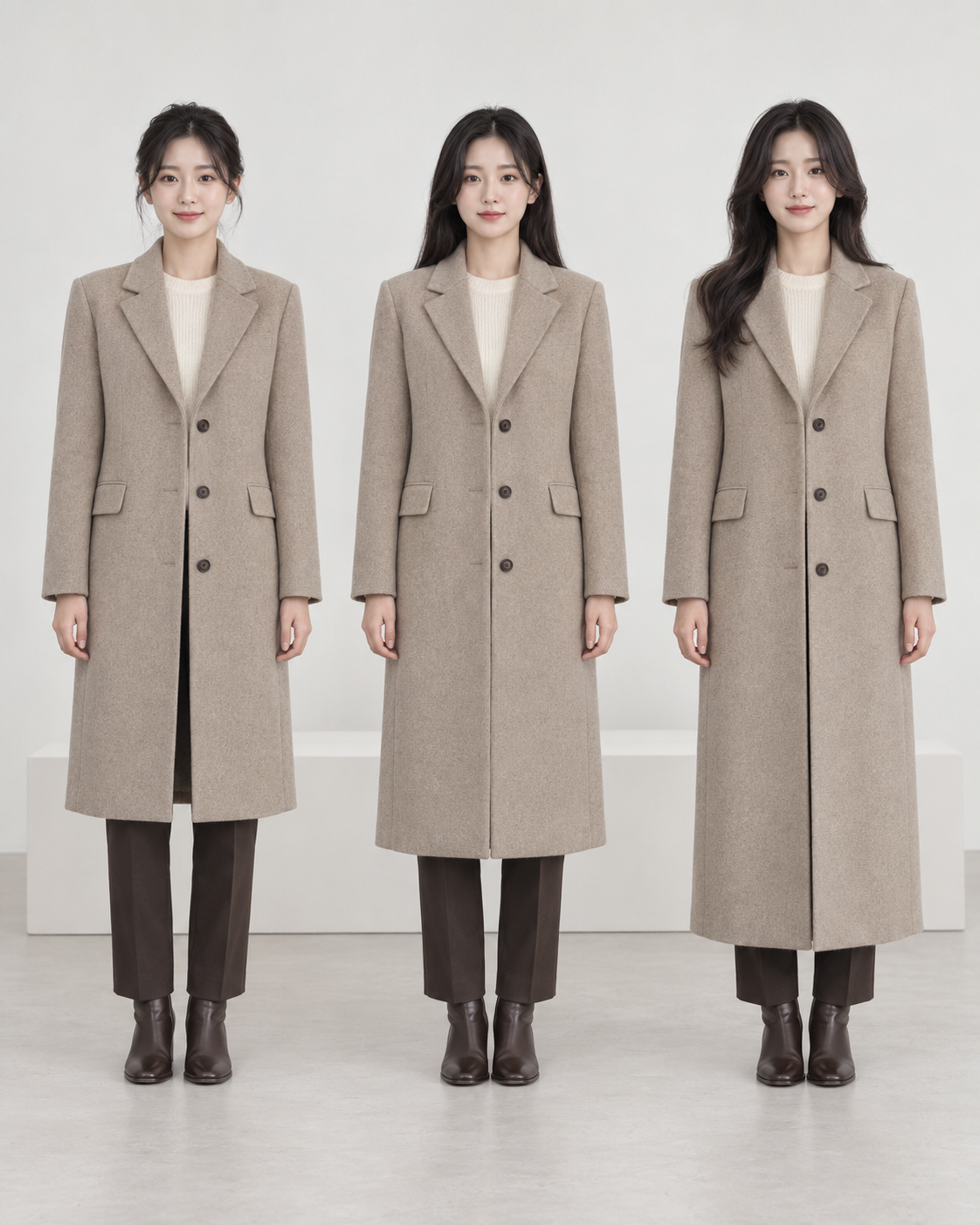 같은 스톤 베이지 스트레이트 코트를 무릎 아래·종아리 중간·발목 위 길이로 나눠 밑단 위치를 비교