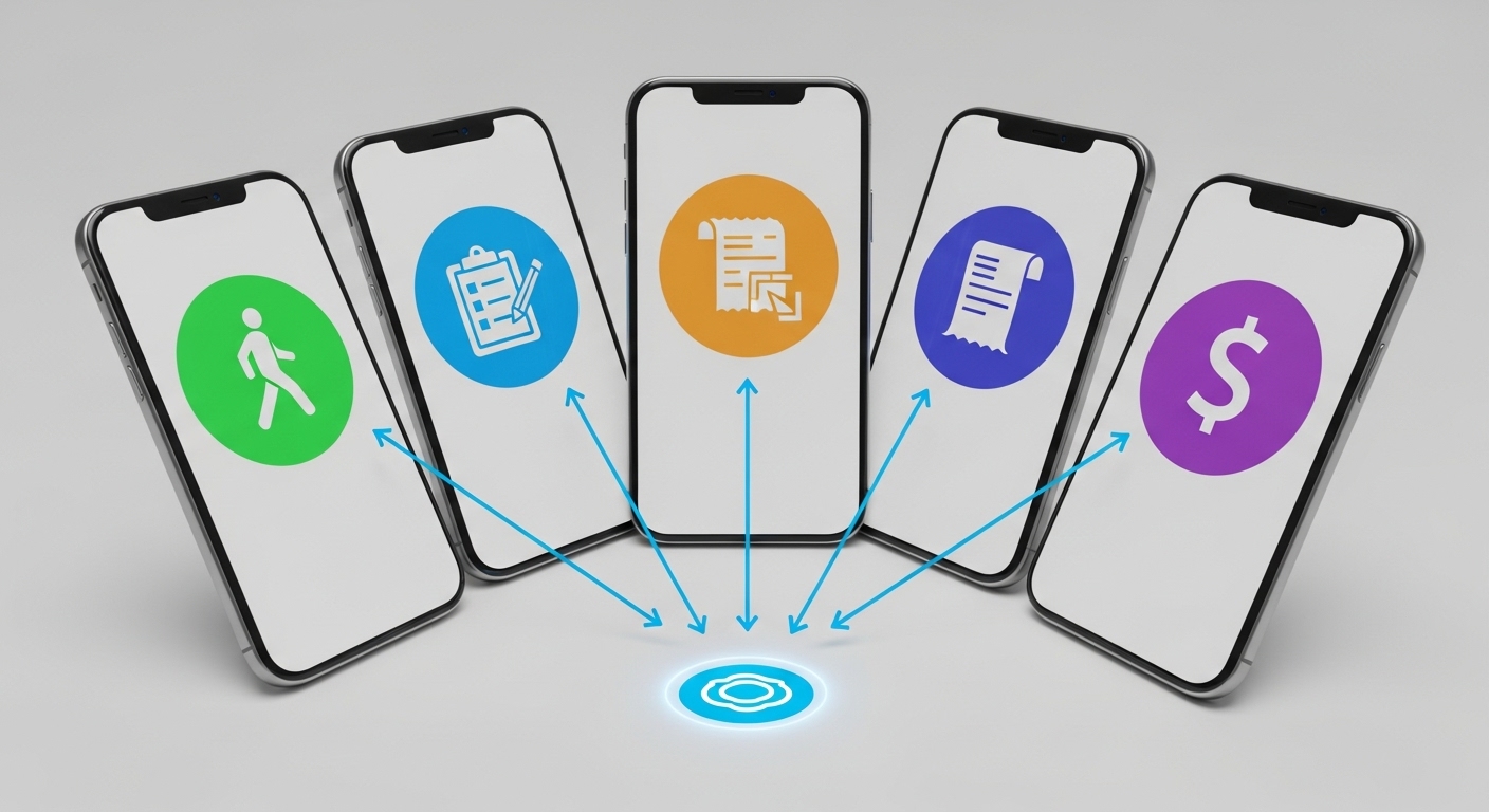 A clean, minimalistic arrangement featuring several smartphone mockups side-by-side. Each screen clearly displays different App Tech icons (walking, survey, receipt scanning). Arrows connect them, showing points flowing into a central pool.
