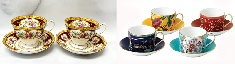 좌측에는 꽃문양이 아름다운 로열 알버트 레이디 헤밀턴 커피잔 세트와 우측에는 노랑,검정,옥색,버건디 색의 웨제우드 원더러스트 티컵 4세트가 있음.