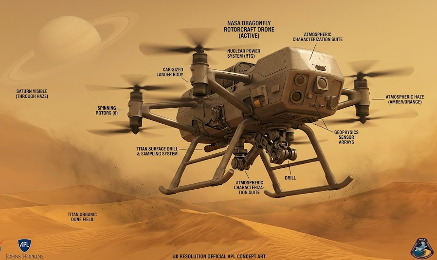 NASA 드래곤플라이 로터크래프트가 토성 위성 타이탄의 주황빛 대기 아래 유기물로 덮인 지표면 위를 비행하는 상상도