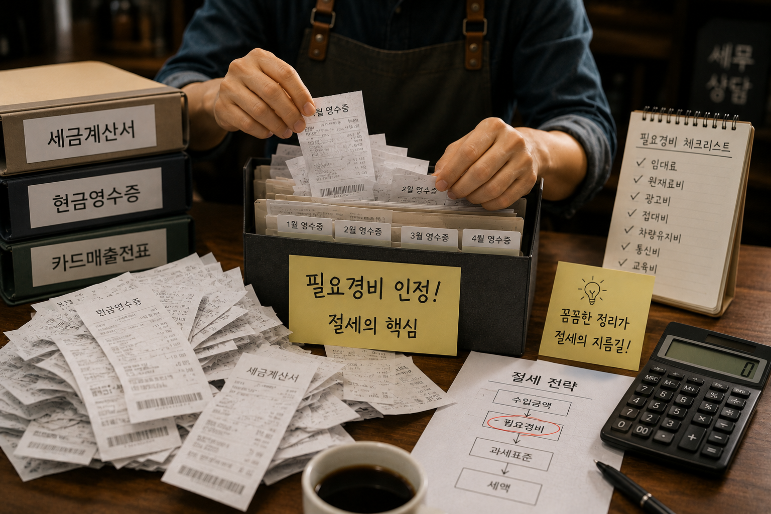 A close-up photograph of a business owner's hand organizing a pile of receipts by date, emphasizing경비 인정 for Comprehensive Income Tax Savings.