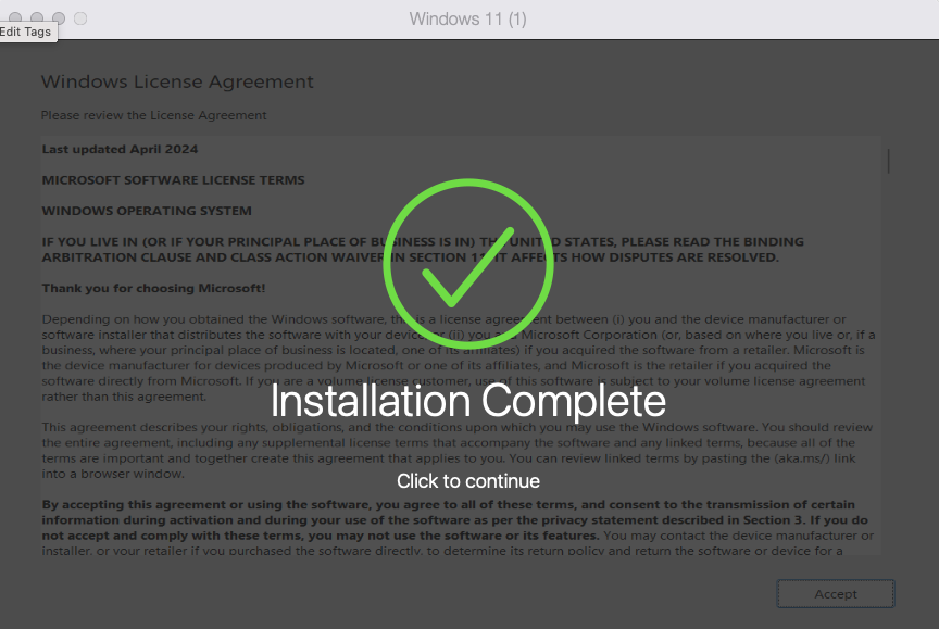 Parallels Desktop으로 Apple Silicon 맥에 Windows 11 설치를 완료한 화면 &mdash; 출처: Parallels 공식 KB