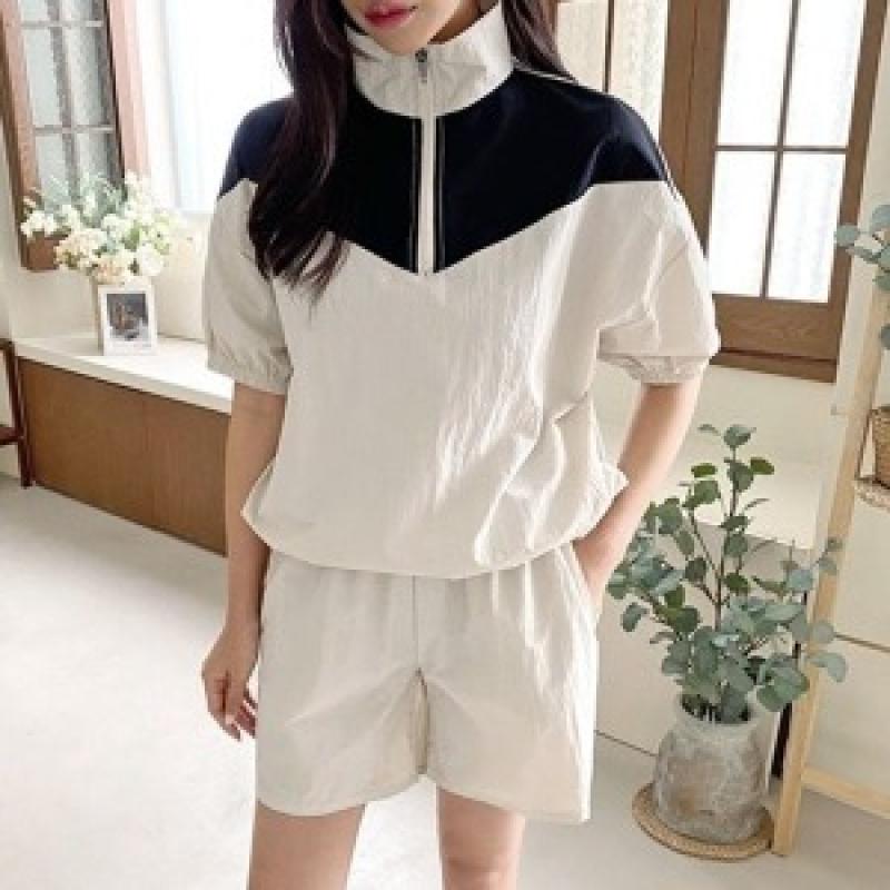 메이비누스 여성 반팔 아노락 세트 여름 트레이닝 바스락 반바지 운동복