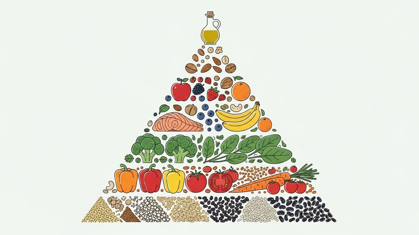 채소,-과일,-콩,-통곡물,-생선,-견과류,-올리브-오일과-같은-음식들이-층층이-배열된-스타일화된-최소-피라미드-모양입니다.