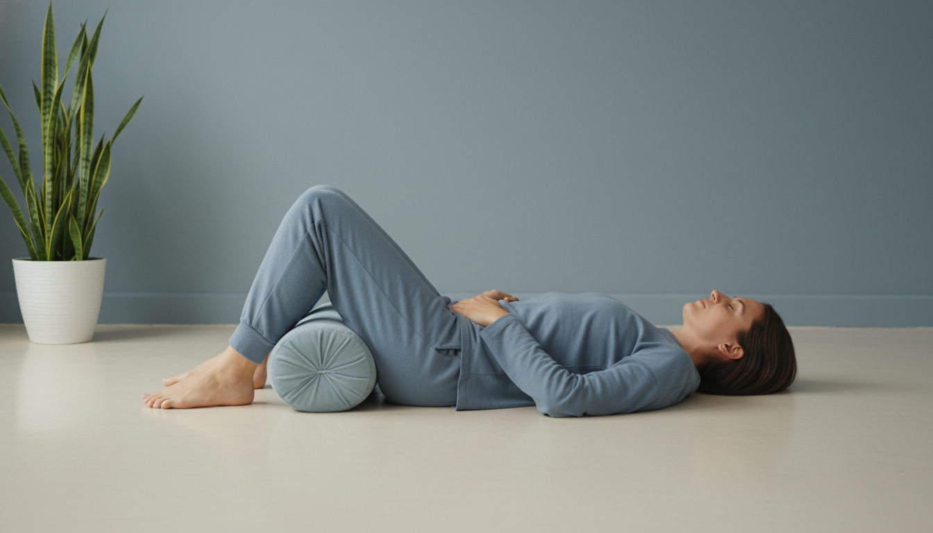 허리 삐끗 시 통증 완화를 위해 무릎을 세우고 작은 쿠션을 받쳐 가장 편안하게 누워있는 사람의 모습.