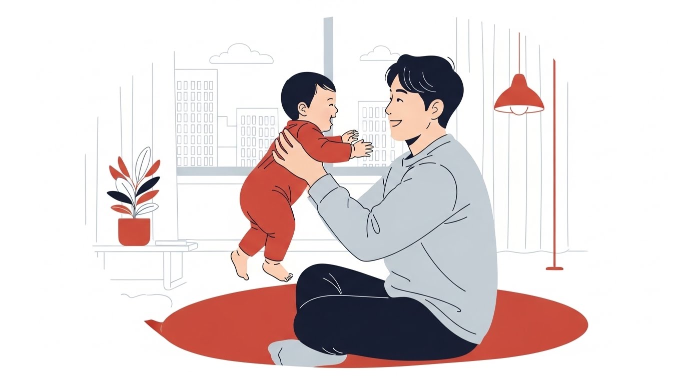 강남구의 현대적인 아파트에서 아빠가 아기를 안고 즐겁게 웃으며 놀아주는 모습, 육아휴직의 행복을 상징하는 밝고 따뜻한 이미지