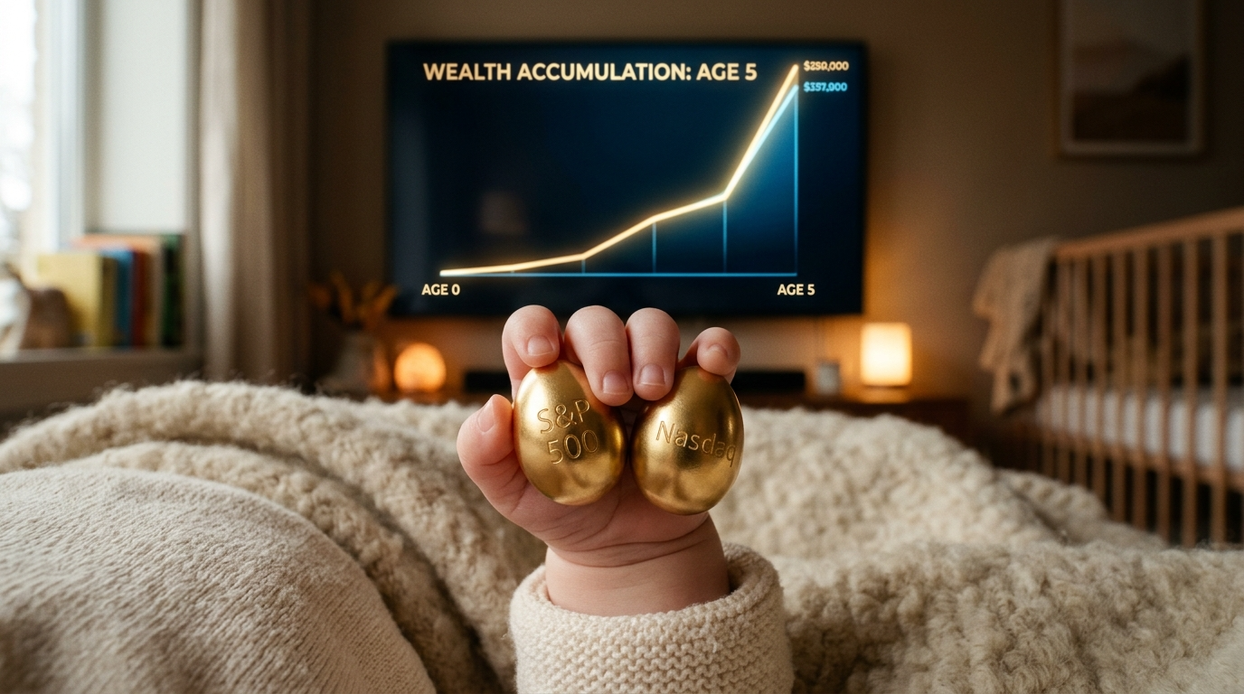 아기의 손이 'S&amp;P 500'과 '나스닥' 황금알을 쥐고 있는 모습 뒤로 5년의 시간 차이가 만든 거대한 자산 그래프가 대조되는 그래픽