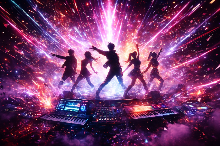 K POP 퍼포먼스와 결합된 하이퍼팝 전자 사운드 이미지